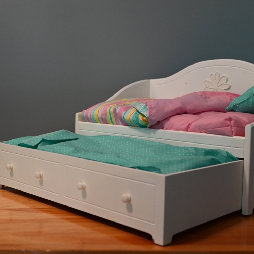 American Girl trundle bed with mattress, sheets, blanket and pillows